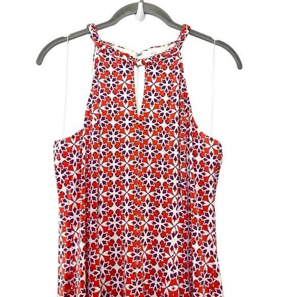 WISP Dress Fit Flare Keyhole Sleeveless Stretch Jersey Knit Red Orange Geometric - Picture 3 of 6